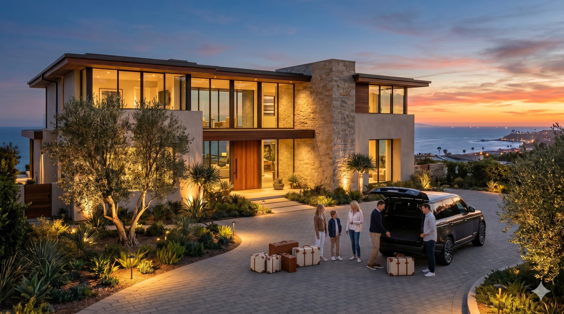 Family arriving home at dusk as pathway and entry lighting welcome them automatically